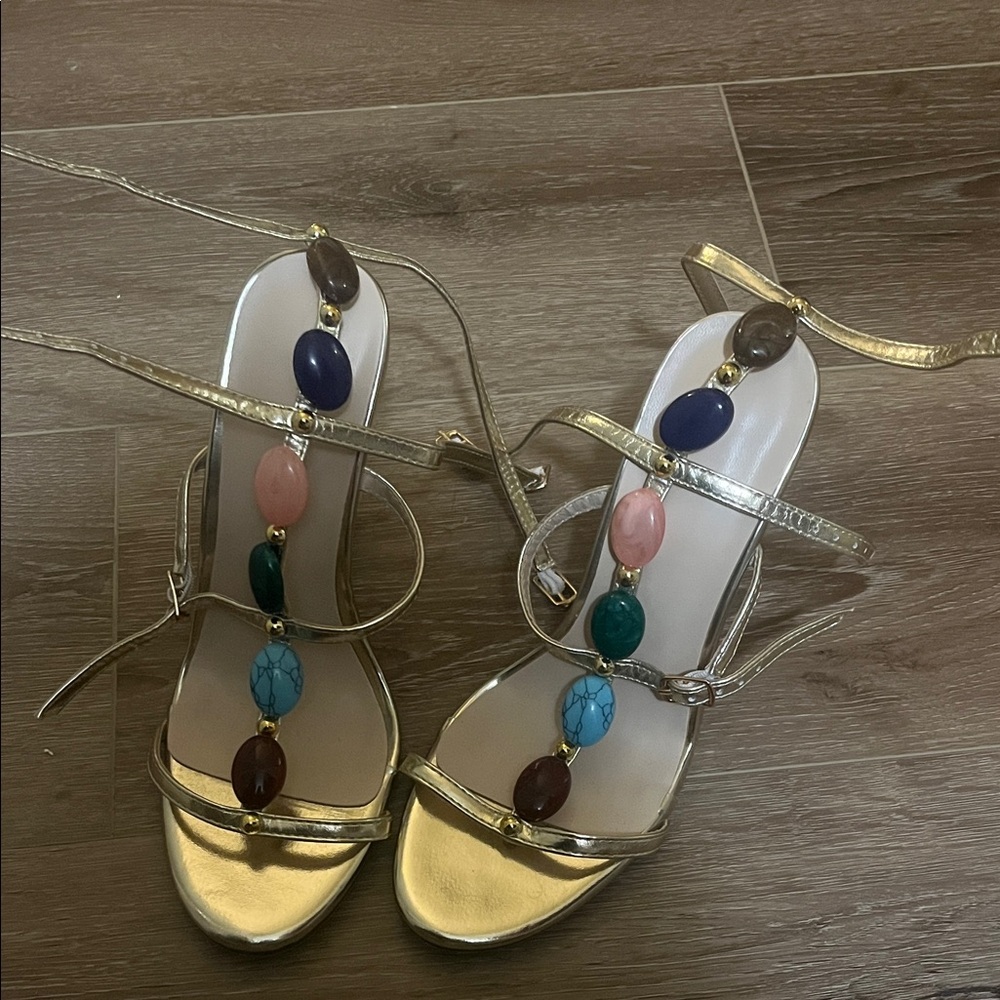 SHEIN Gold Heels with Colorful Beads